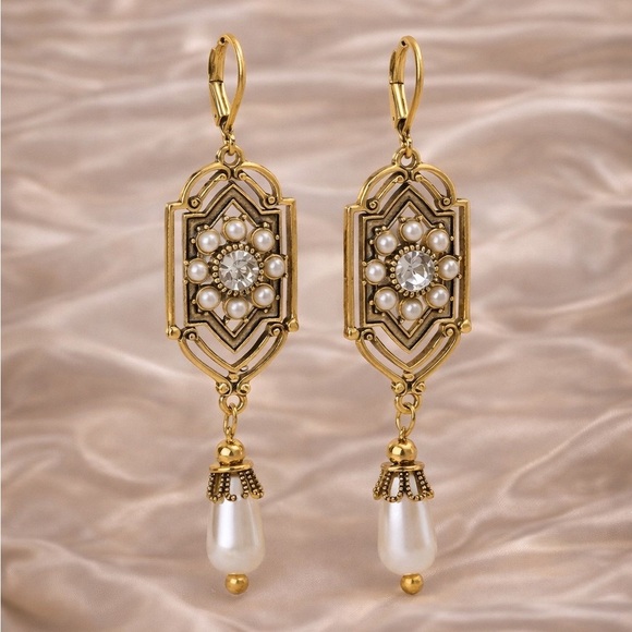 Anthropologie Jewelry - Victorian Edwardian Antique Gold and Seed Pearl Drop Earrings